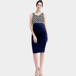 💎 Kimi + Kai Maternity Size L "Margot" Midi Dress Bodycon Black White Stripes